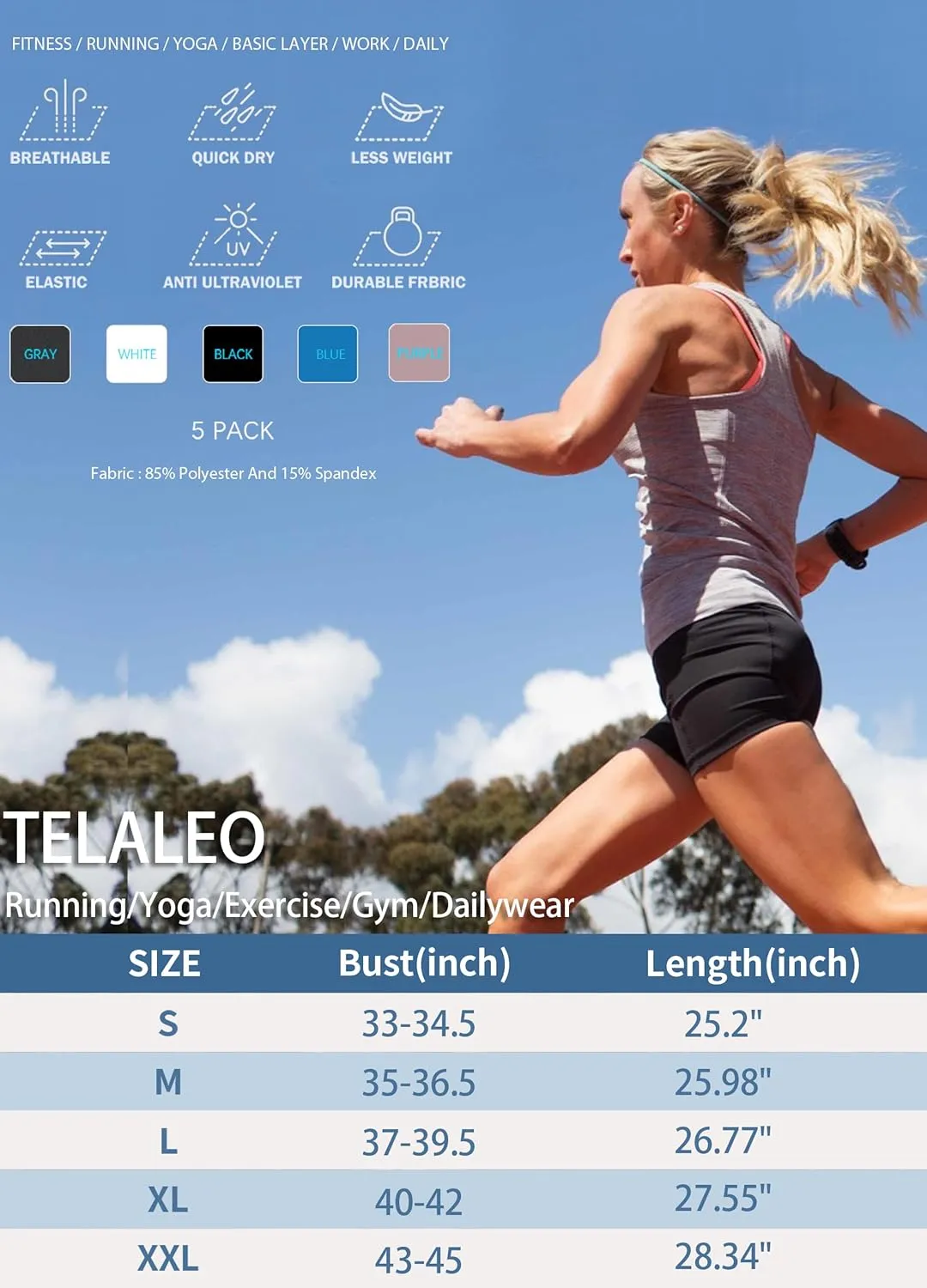 TELALEO 5 Pack Workout Tank Tops for Women Sleeveless Athletic Yoga Gym Tank Tops Quick Dry Loose Fit Sports Shirts