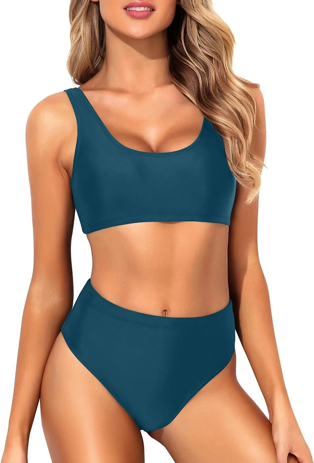 Tempt Me Women Two Piece Scoop Neck Bikini Crop Top Swimsuit Sporty High Waisted Bathing Suit