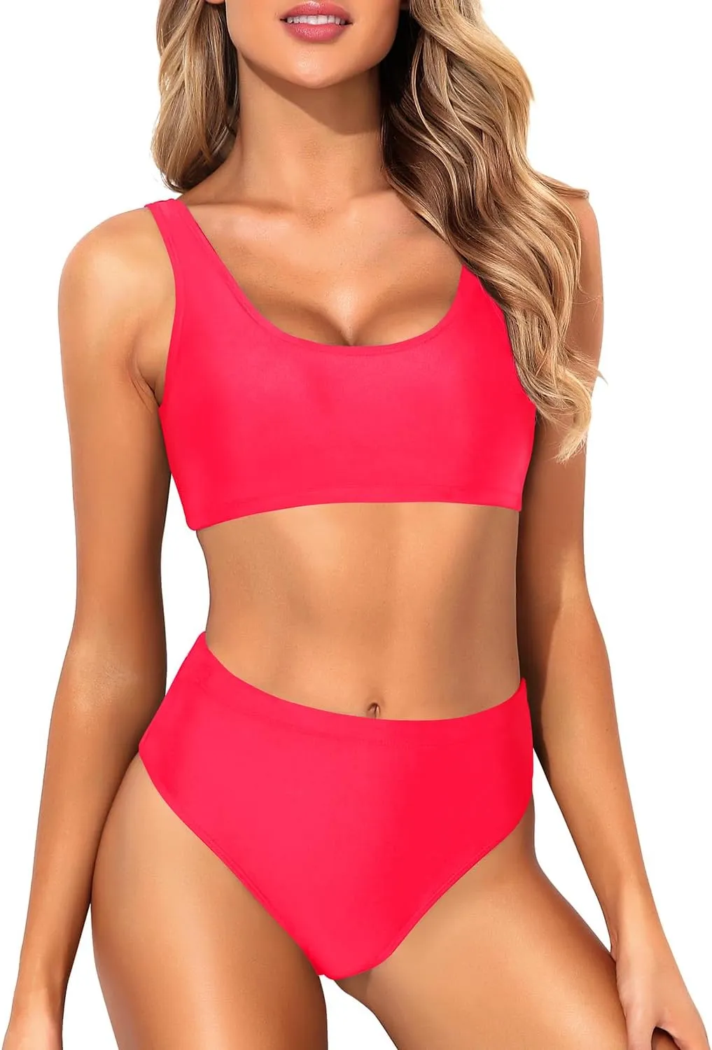 Tempt Me Women Two Piece Scoop Neck Bikini Crop Top Swimsuit Sporty High Waisted Bathing Suit