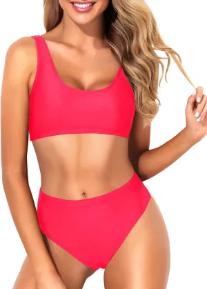 Tempt Me Women Two Piece Scoop Neck Bikini Crop Top Swimsuit Sporty High Waisted Bathing Suit