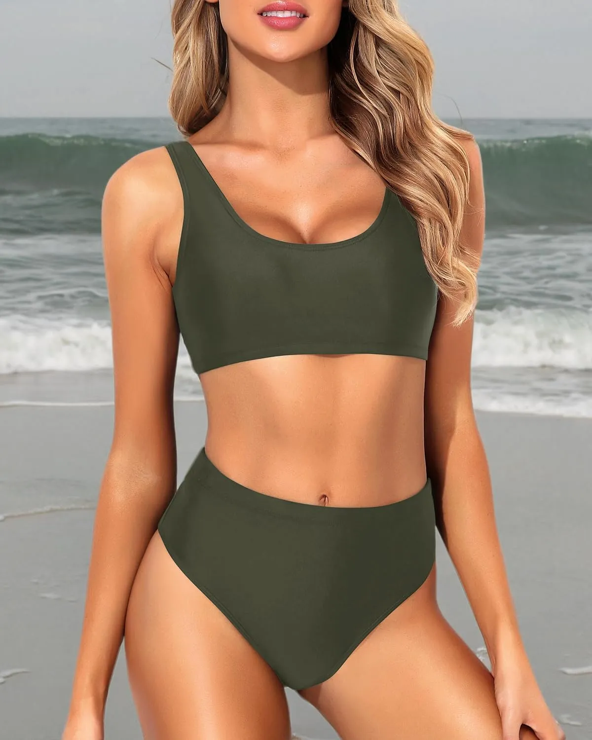 Tempt Me Women Two Piece Scoop Neck Bikini Crop Top Swimsuit Sporty High Waisted Bathing Suit