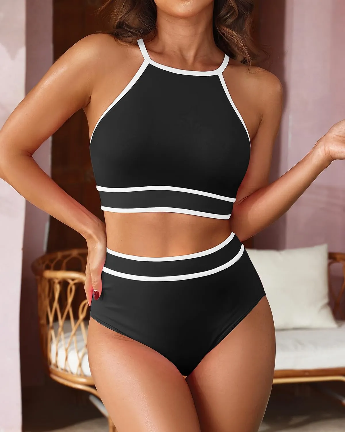 Tempt Me Women's High Waisted Bikini Sets Sporty Two Piece Swimsuit Color Block High Neck Bathing Suit