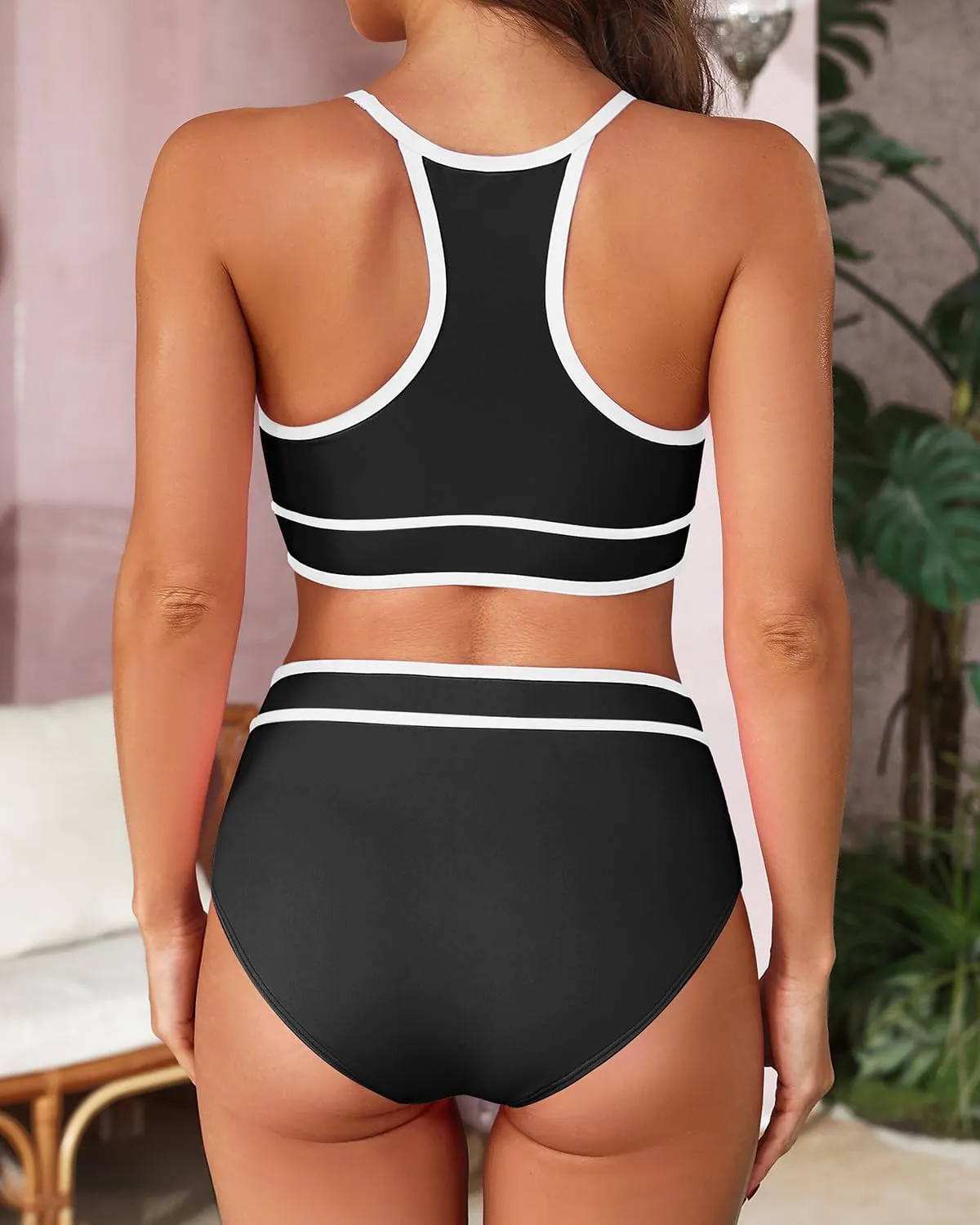 Tempt Me Women's High Waisted Bikini Sets Sporty Two Piece Swimsuit Color Block High Neck Bathing Suit