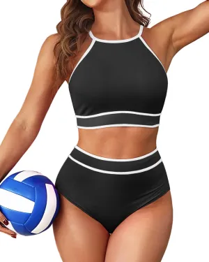 Tempt Me Women's High Waisted Bikini Sets Sporty Two Piece Swimsuit Color Block High Neck Bathing Suit