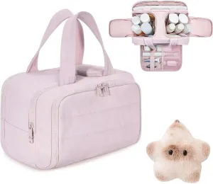 Travel Cosmetic Bag, Large Capacity Wide-Open Travel Cosmetic Bag, 0.6lb Ultra Lightweight Toiletry Bag Organizer with Handle for Traveling (Pink)