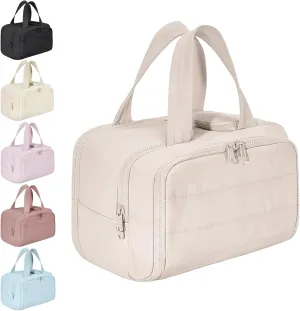 Travel Cosmetic Bag, Large Capacity Wide-Open Travel Cosmetic Bag, Lightweight Toiletry Bag, Puffy Makeup Bag Organizer with Handle for Accessories,Essentials, Toiletries (Beige)