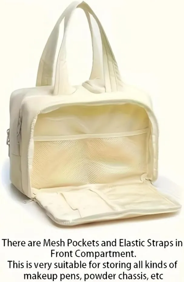 Travel Cosmetic Bag, Large Capacity Wide-Open Travel Cosmetic Bag, Lightweight Toiletry Bag, Puffy Makeup Bag Organizer with Handle for Accessories,Essentials, Toiletries (Beige)