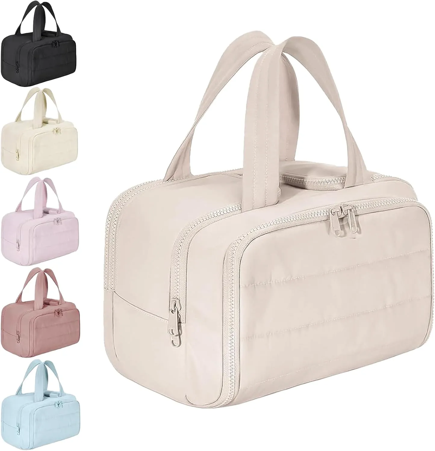 Travel Cosmetic Bag, Large Capacity Wide-Open Travel Cosmetic Bag, Lightweight Toiletry Bag, Puffy Makeup Bag Organizer with Handle for Accessories,Essentials, Toiletries (Beige)