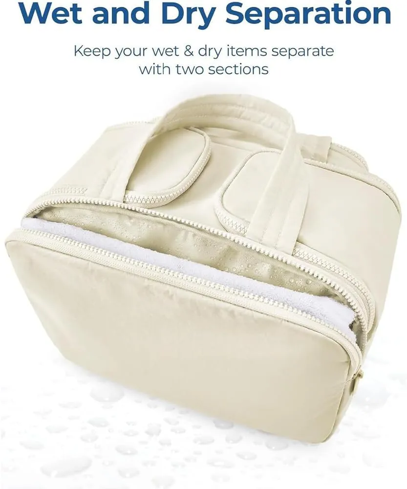 Travel Cosmetic Bag, Large Capacity Wide-Open Travel Cosmetic Bag, Lightweight Toiletry Bag, Puffy Makeup Bag Organizer with Handle for Accessories,Essentials, Toiletries (Khaki)