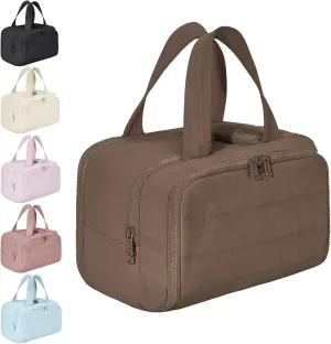 Travel Cosmetic Bag, Large Capacity Wide-Open Travel Cosmetic Bag, Lightweight Toiletry Bag, Puffy Makeup Bag Organizer with Handle for Accessories,Essentials, Toiletries (Khaki)