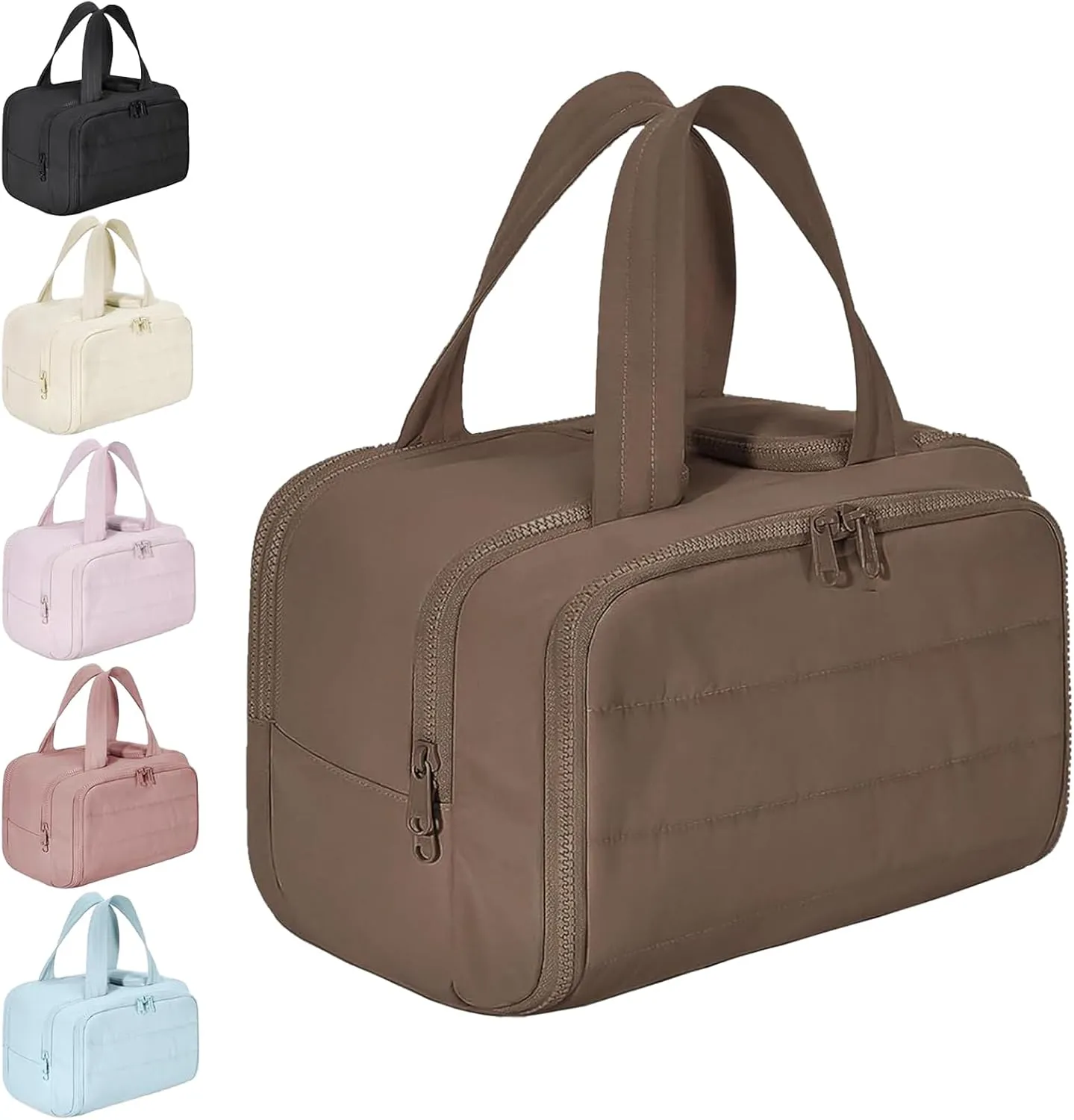 Travel Cosmetic Bag, Large Capacity Wide-Open Travel Cosmetic Bag, Lightweight Toiletry Bag, Puffy Makeup Bag Organizer with Handle for Accessories,Essentials, Toiletries (Khaki)