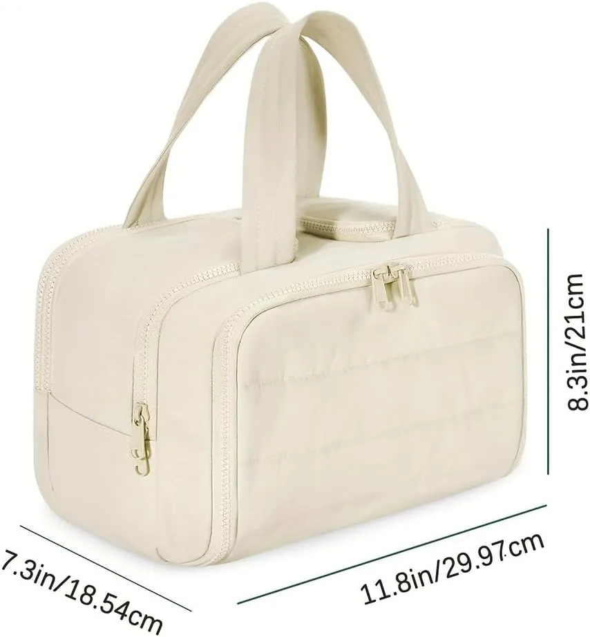 Travel Cosmetic Bag, Large Capacity Wide-Open Travel Cosmetic Bag, Lightweight Toiletry Bag, Puffy Makeup Bag Organizer with Handle for Accessories,Essentials, Toiletries (Khaki)