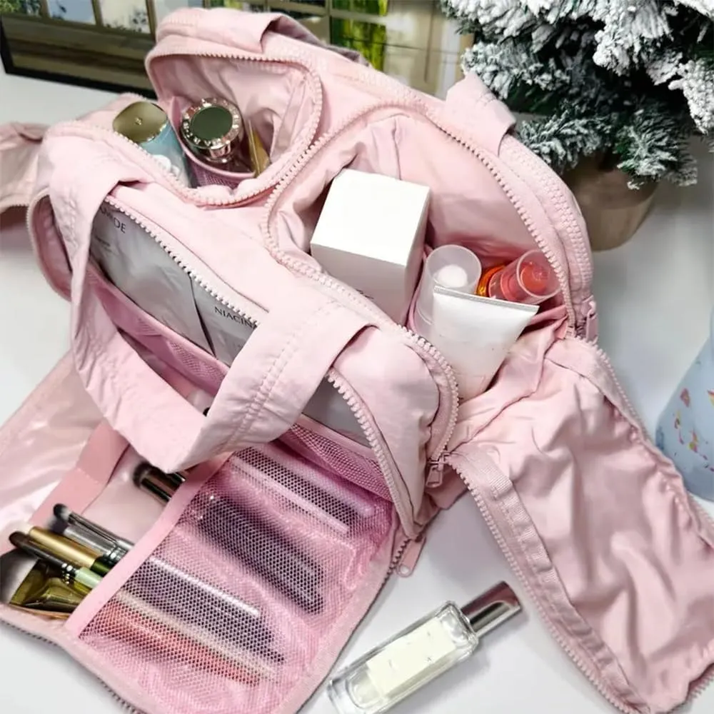 Travel Cosmetic Bag, Large Capacity Wide-Open Travel Cosmetic Bag, Lightweight Toiletry Bag, Puffy Makeup Bag Organizer with Handle for Accessories,Essentials, Toiletries (Khaki)