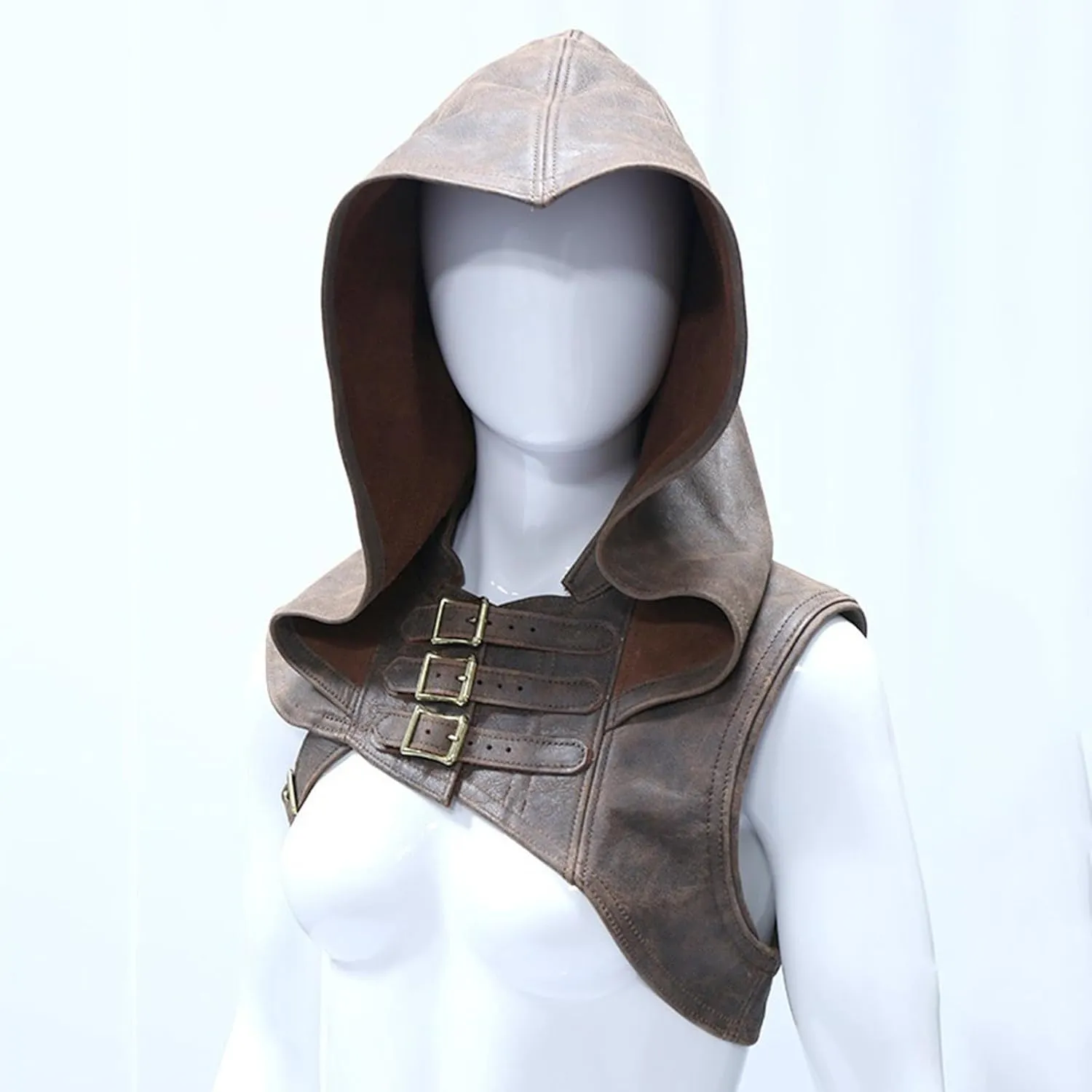 Unisex Medieval Hood Hat Faux Leather Guards Hat Retro Buckle Shoulder Guards Stage Suit Clothes Vintage Cloak