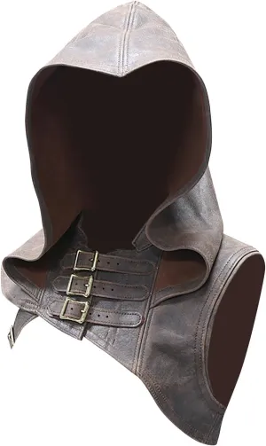 Unisex Medieval Hood Hat Faux Leather Guards Hat Retro Buckle Shoulder Guards Stage Suit Clothes Vintage Cloak
