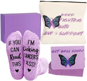 UrsaMajor Cancer Care Gifts for Women, Cancer Socks, Get Well Soon Card, Breast Cancer Bags, 3PCS Chemo Care Package for Women, Cancer Comfort Gifts (Purple)