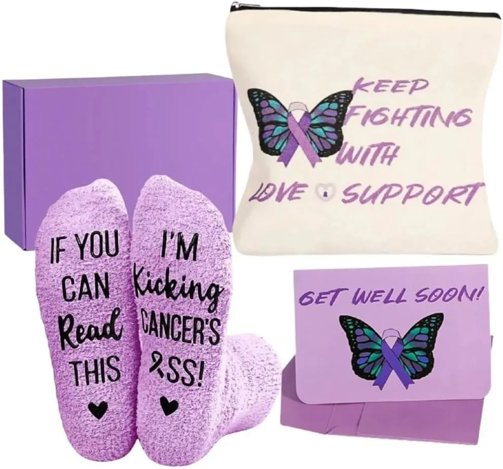 UrsaMajor Cancer Care Gifts for Women, Cancer Socks, Get Well Soon Card, Breast Cancer Bags, 3PCS Chemo Care Package for Women, Cancer Comfort Gifts (Purple)