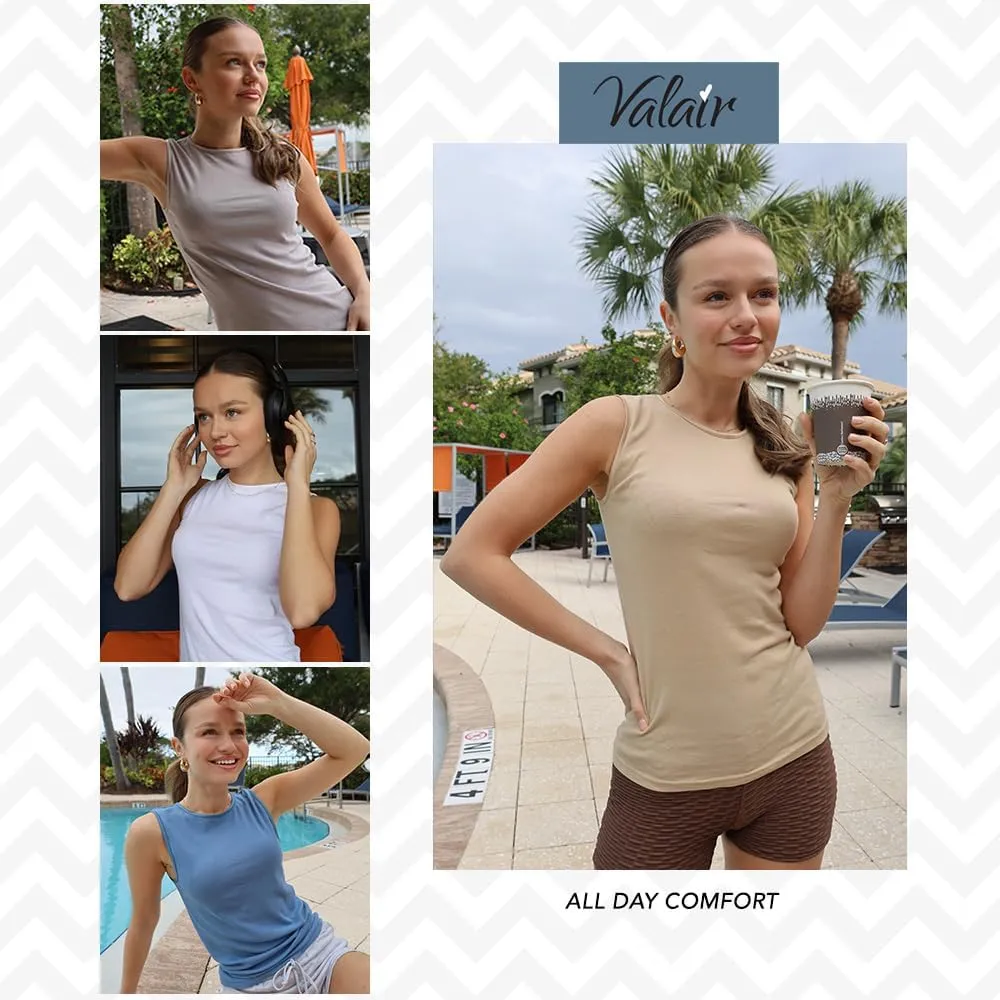 Valair Tank Top for Women, Sleeveless T-Shirt - Crew Neck 100% Cotton Athletic Undershirt, High Neck, Full Shoulder Design