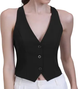 Vest for Women Fashion Crop Vest Tops Womens Waistcoats Racerback V Neck Button Up Slim Fitted Suit Vests