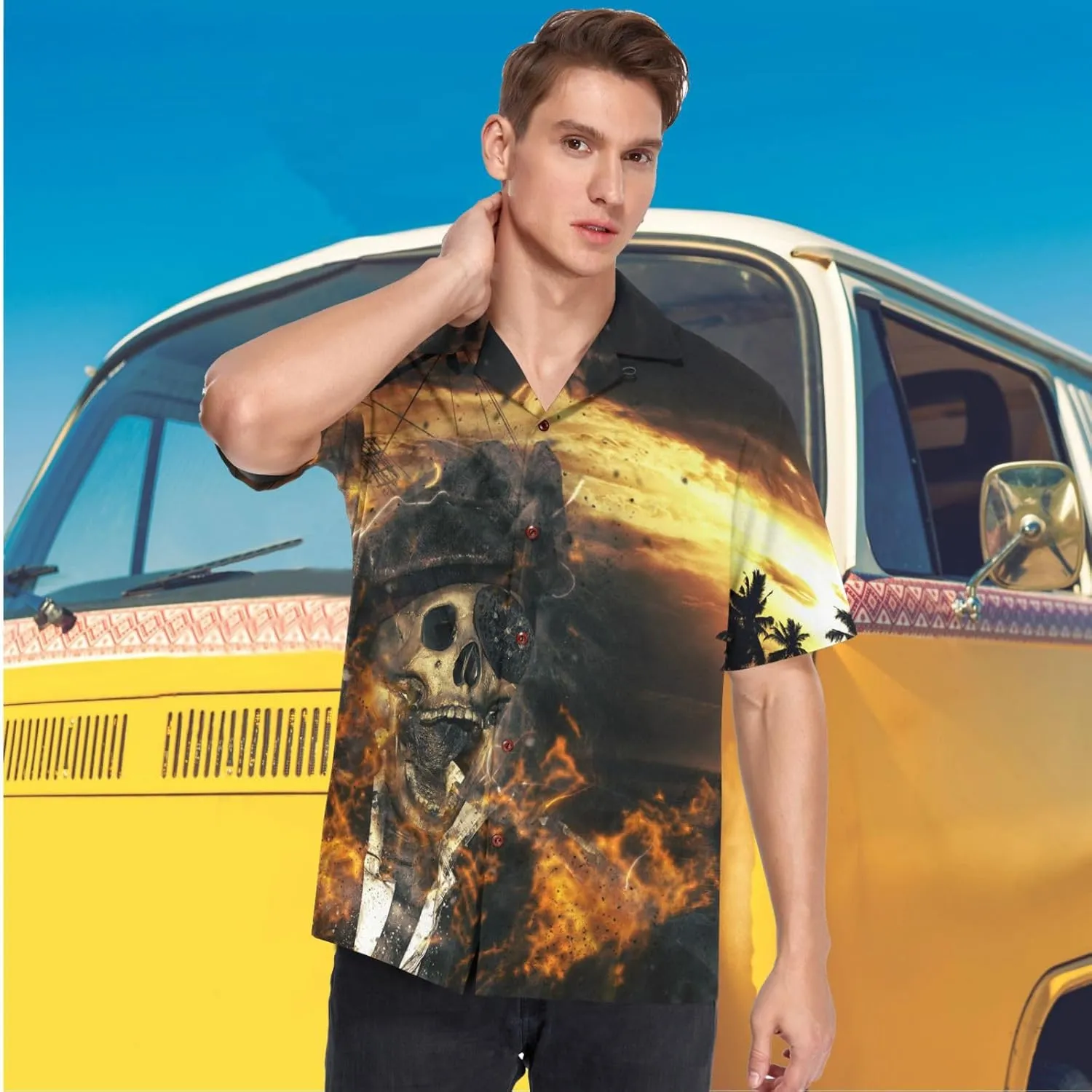 visesunny Stylish Men's Seasonal Hawaiian Print Button Down Short Sleeve Shirt S-XXL