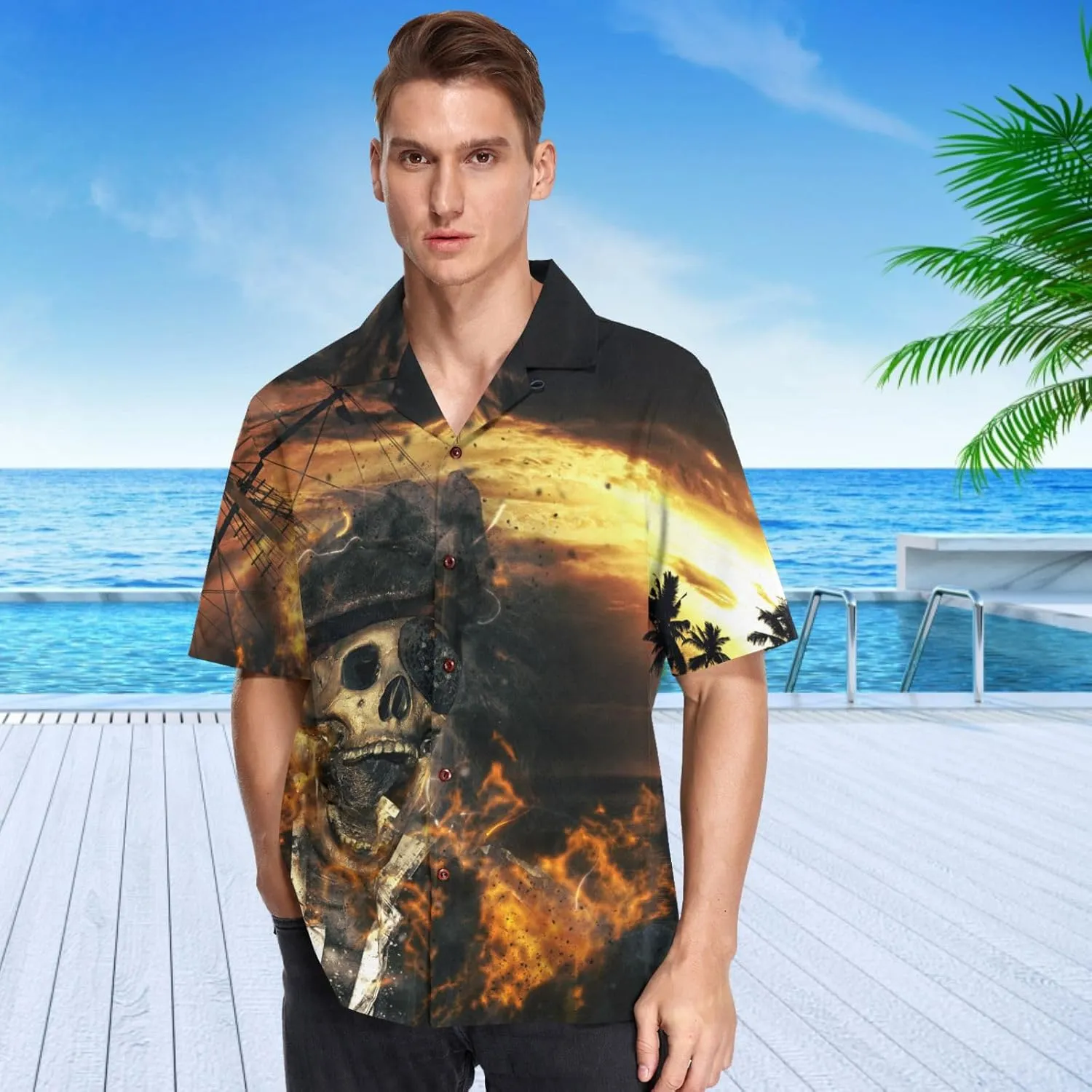 visesunny Stylish Men's Seasonal Hawaiian Print Button Down Short Sleeve Shirt S-XXL