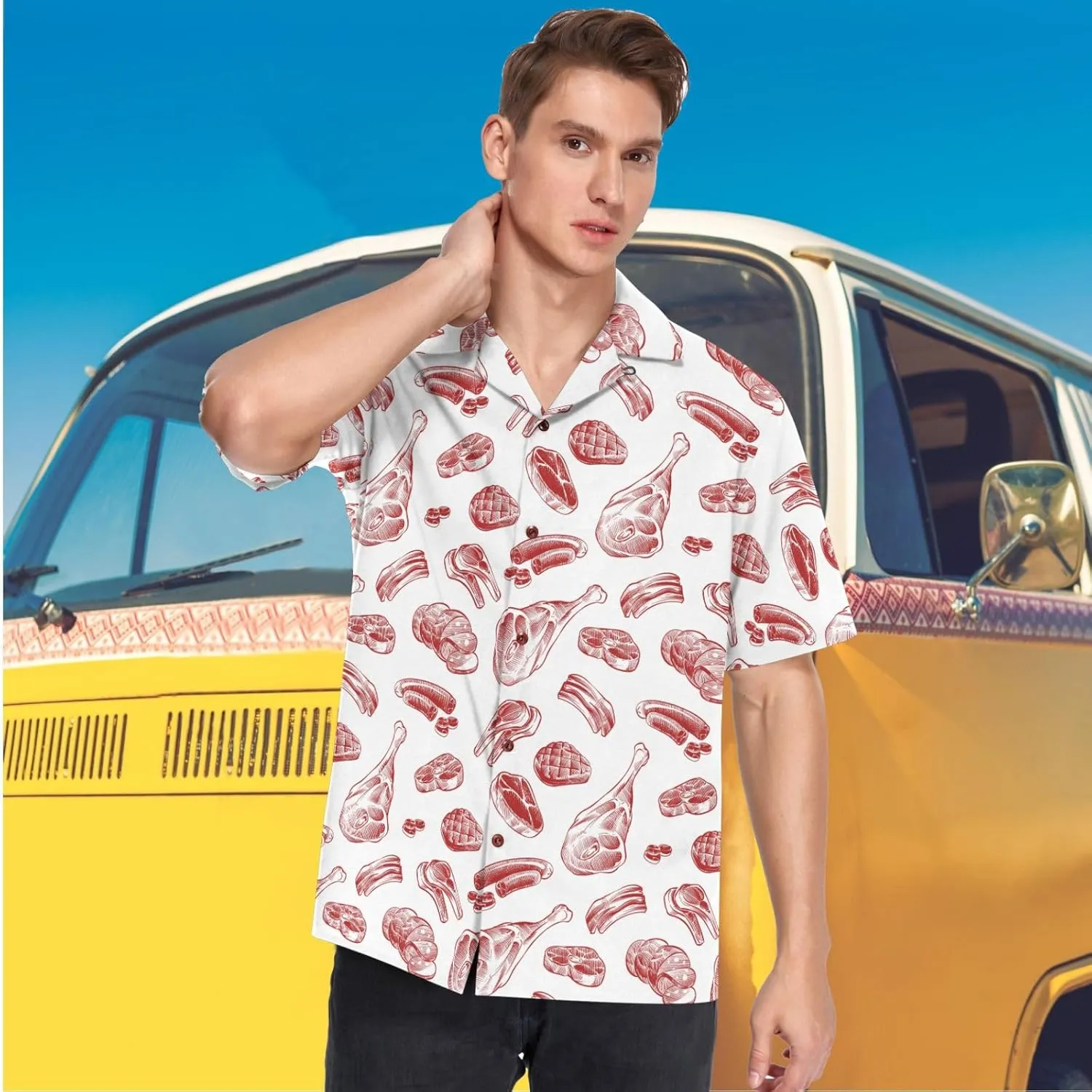 visesunny Stylish Men's Seasonal Hawaiian Print Button Down Short Sleeve Shirt S-XXL