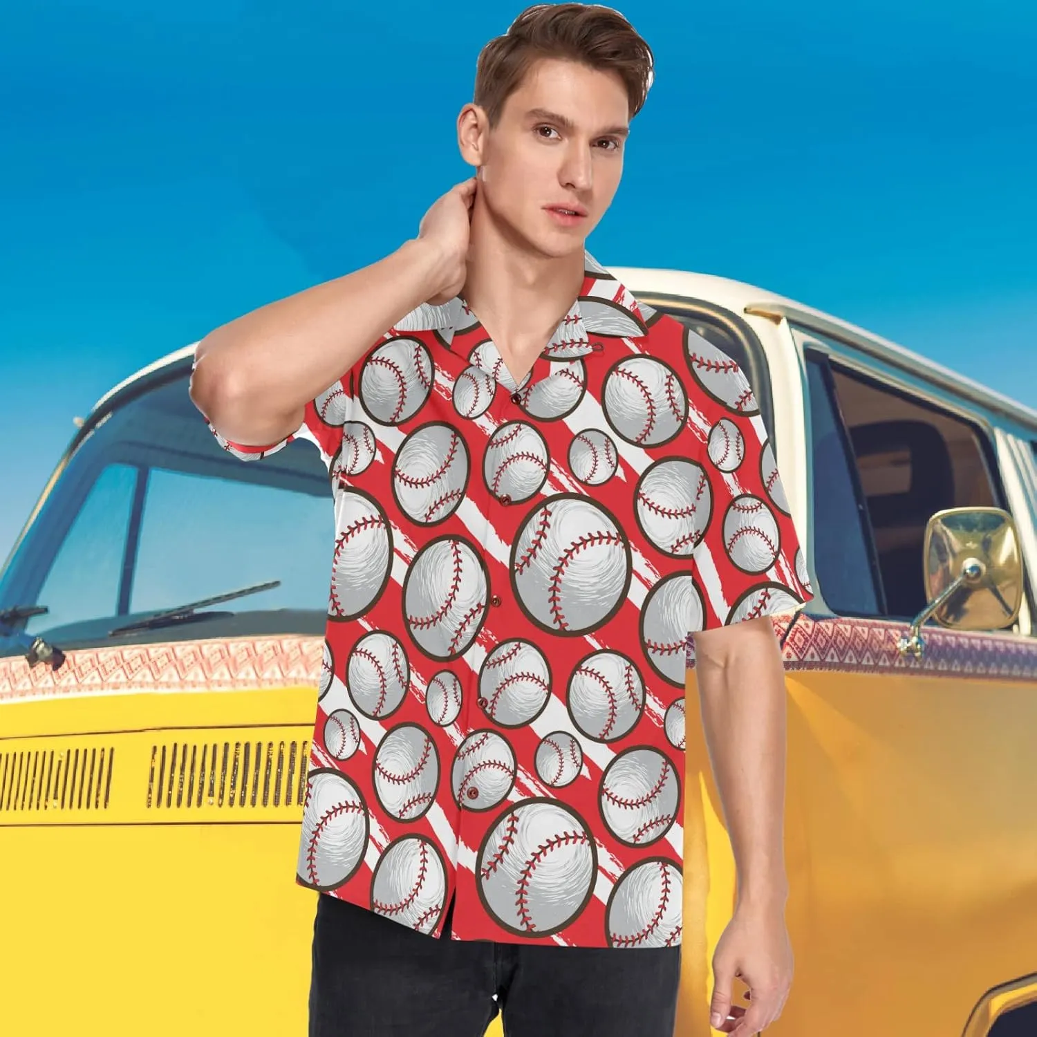 visesunny Stylish Men's Seasonal Hawaiian Print Button Down Short Sleeve Shirt S-XXL