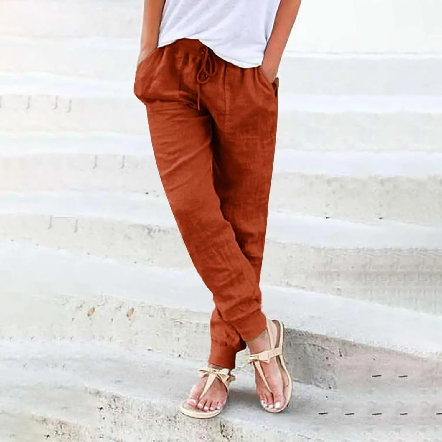 Wide Leg Casual Linen Pants for Women, Solid Color Cropped Capris Trouser with Pockets Comfort Yoga Soft Lounge Trousers