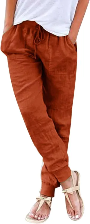Wide Leg Casual Linen Pants for Women, Solid Color Cropped Capris Trouser with Pockets Comfort Yoga Soft Lounge Trousers