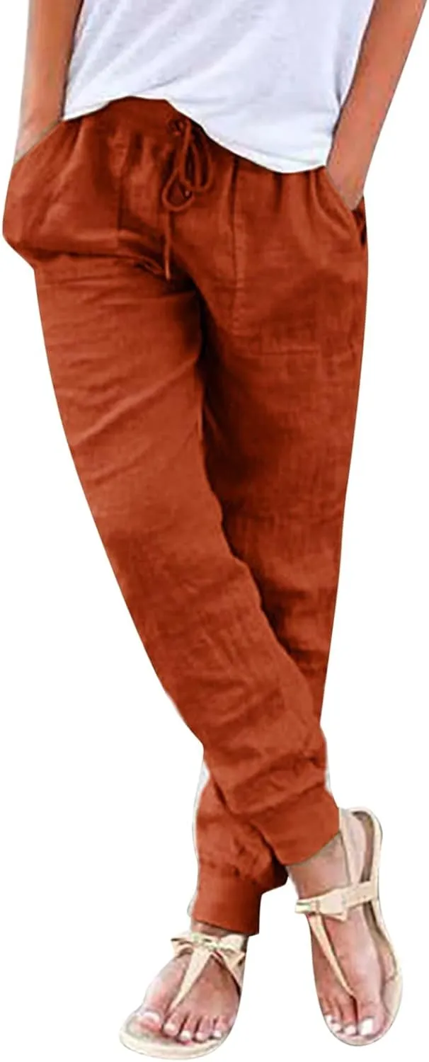 Wide Leg Casual Linen Pants for Women, Solid Color Cropped Capris Trouser with Pockets Comfort Yoga Soft Lounge Trousers