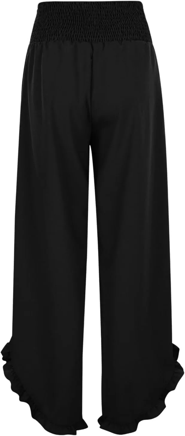 Wide Leg Linen Pants for Women Plus Size Smocked Waisted Ruffle Hem Palazzo Pants Summer Casual Loose Fit Beach Pants