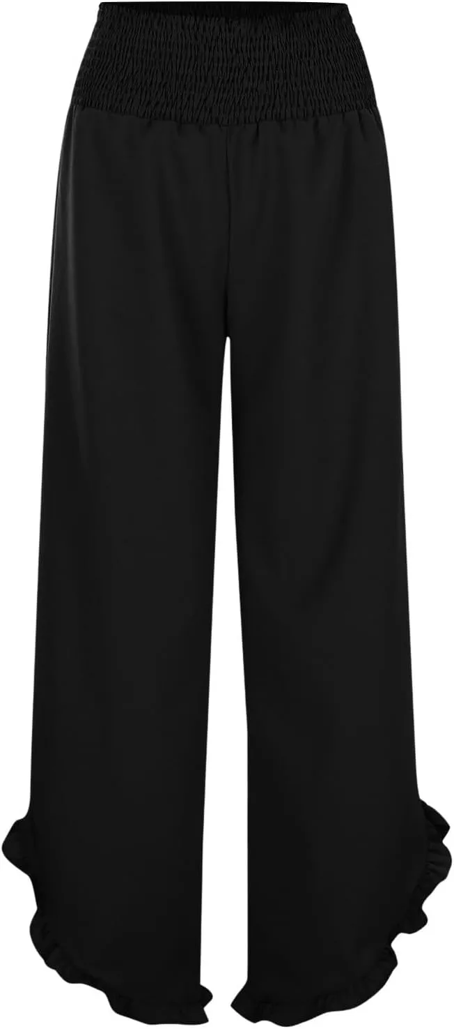 Wide Leg Linen Pants for Women Plus Size Smocked Waisted Ruffle Hem Palazzo Pants Summer Casual Loose Fit Beach Pants