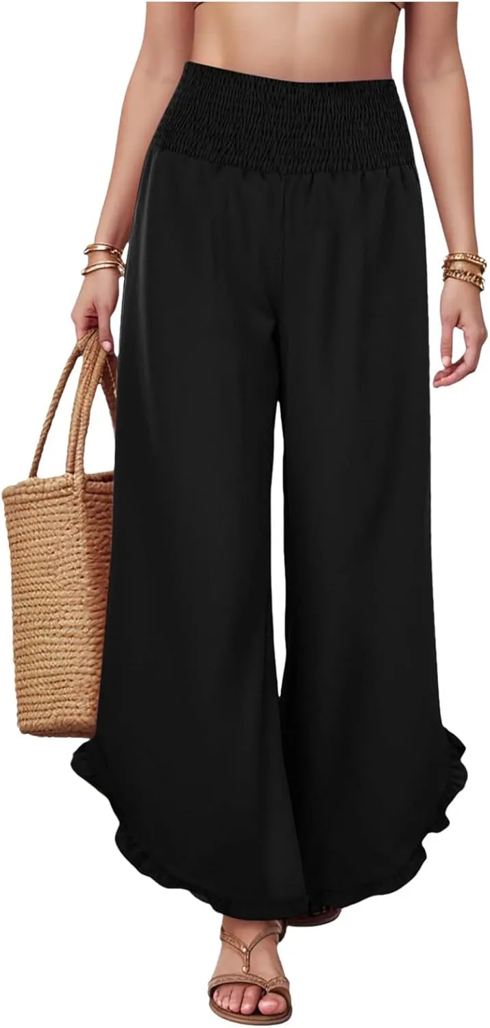 Wide Leg Linen Pants for Women Plus Size Smocked Waisted Ruffle Hem Palazzo Pants Summer Casual Loose Fit Beach Pants
