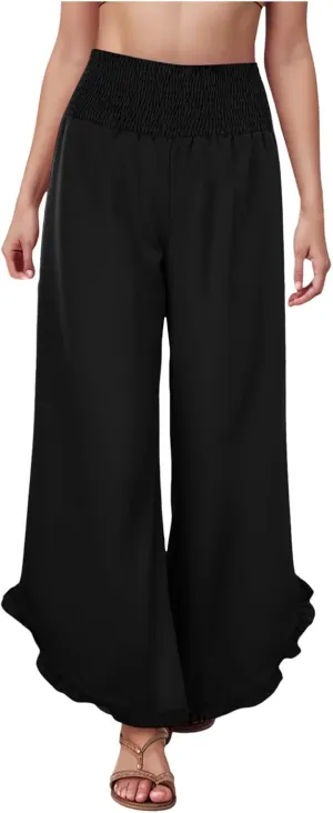Wide Leg Linen Pants for Women Plus Size Smocked Waisted Ruffle Hem Palazzo Pants Summer Casual Loose Fit Beach Pants