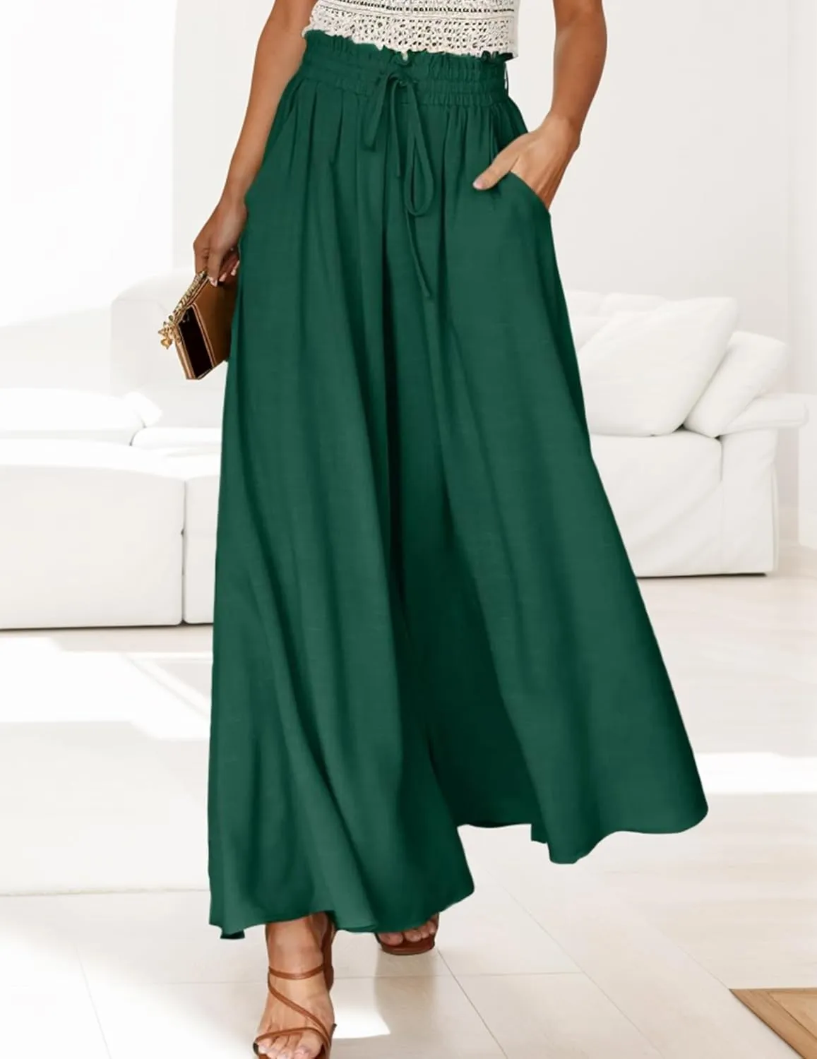 Wide Leg Pants for Women Summer Flowy Pants Elastic Waist with Pockets Palazzo Lounge Pants