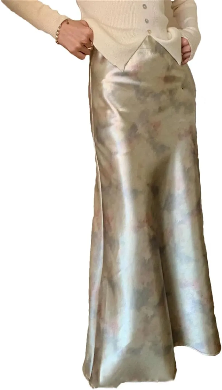 WomanS Long Skirt Silk Smooth Ink Printing High Waist Fishtail Elegant Flower Satin A-Line Skirts
