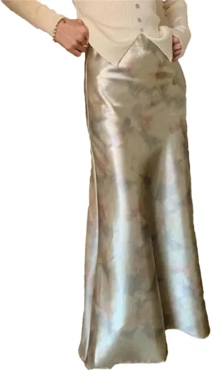 WomanS Long Skirt Silk Smooth Ink Printing High Waist Fishtail Elegant Flower Satin A-Line Skirts