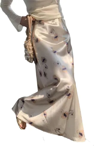 WomanS Long Skirt Silk Smooth Ink Printing High Waist Fishtail Elegant Flower Satin A-Line Skirts