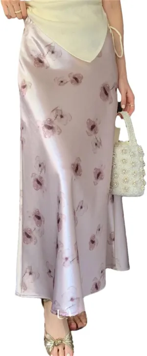 WomanS Long Skirt Silk Smooth Ink Printing High Waist Fishtail Elegant Flower Satin A-Line Skirts