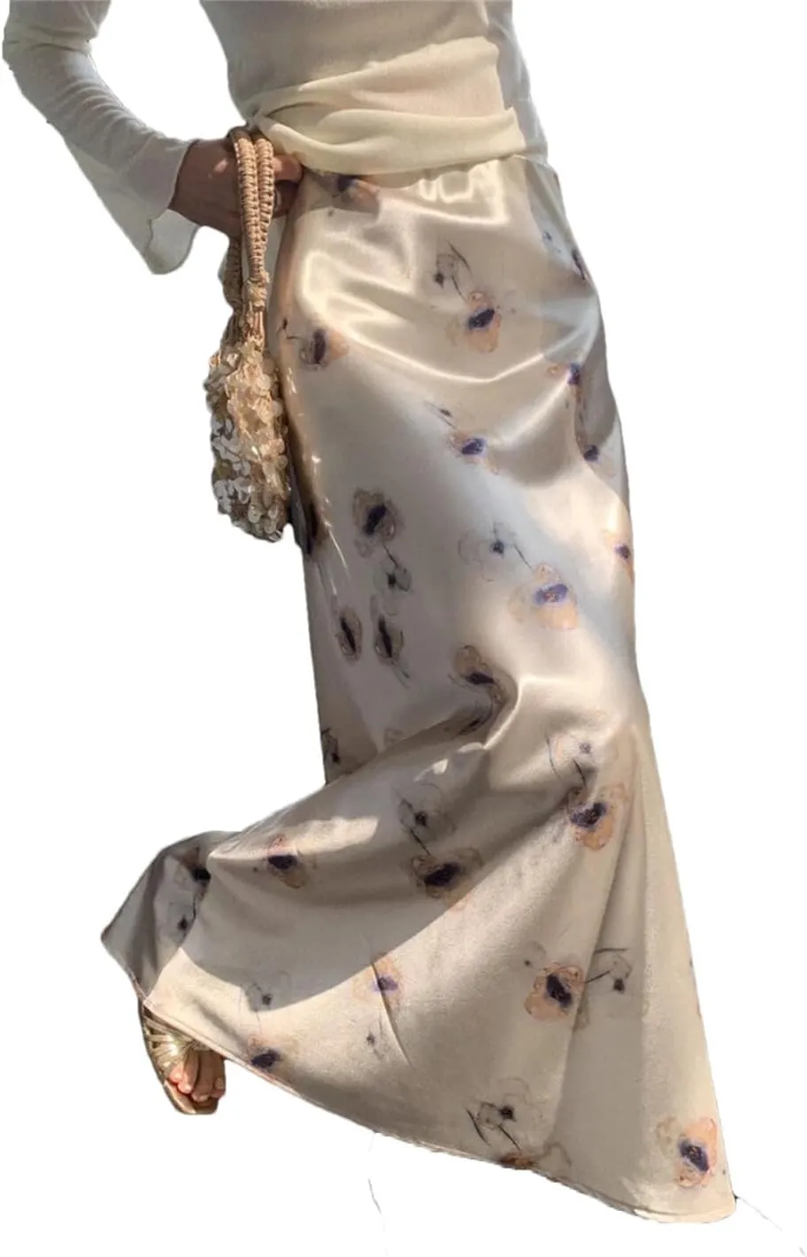WomanS Long Skirt Silk Smooth Ink Printing High Waist Fishtail Elegant Flower Satin A-Line Skirts