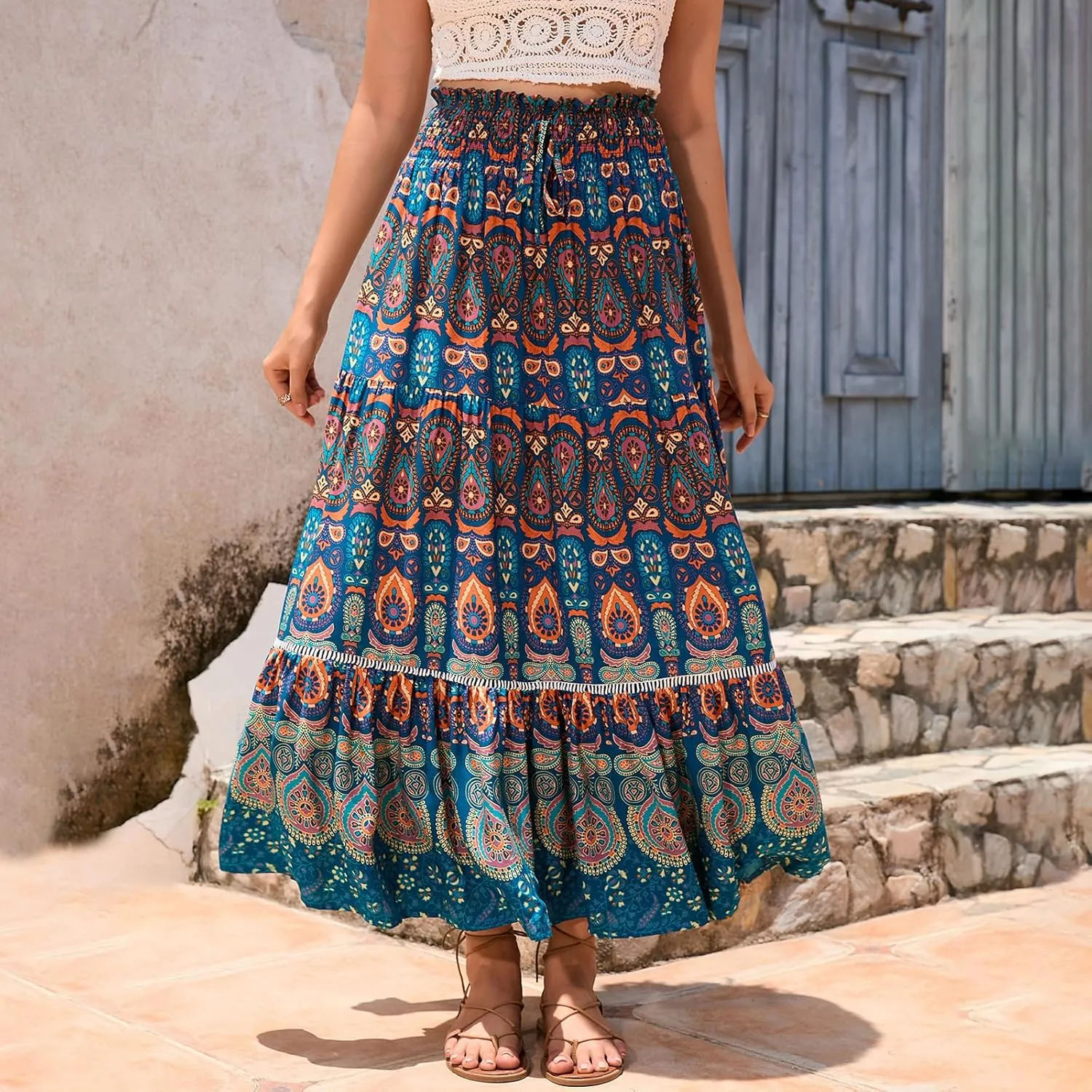 Women Boho Tropical Print Long Skirts Elastic High Waist Ruffle Pleated A Line 2024 Bohemian Beach Midi Skirt