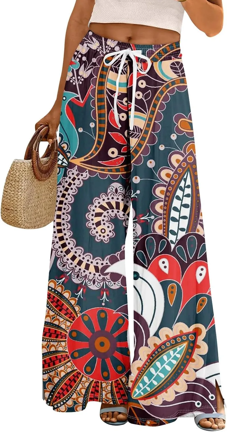 Women Casual High Waist Wide Leg Floral Palazzo Pant Summer Boho Flowy Beach Trousers with Pockets