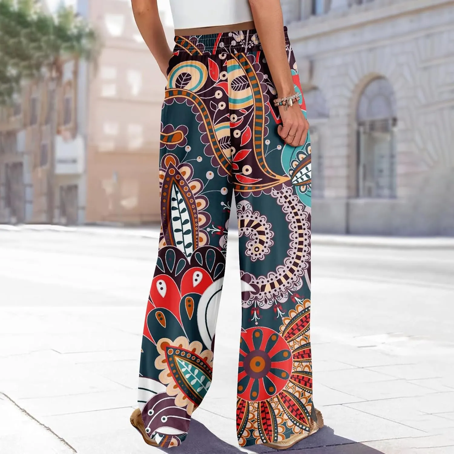 Women Casual High Waist Wide Leg Floral Palazzo Pant Summer Boho Flowy Beach Trousers with Pockets
