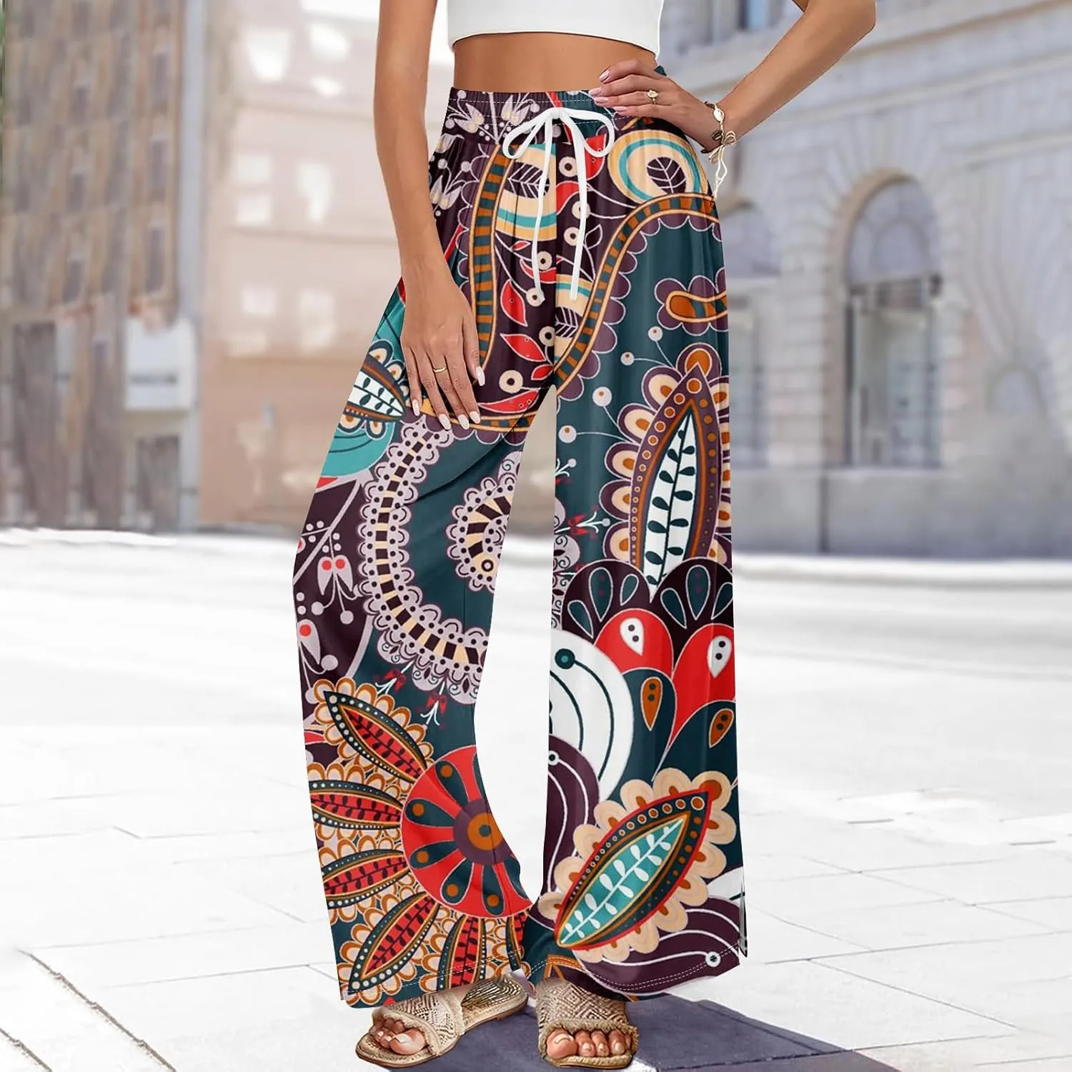 Women Casual High Waist Wide Leg Floral Palazzo Pant Summer Boho Flowy Beach Trousers with Pockets