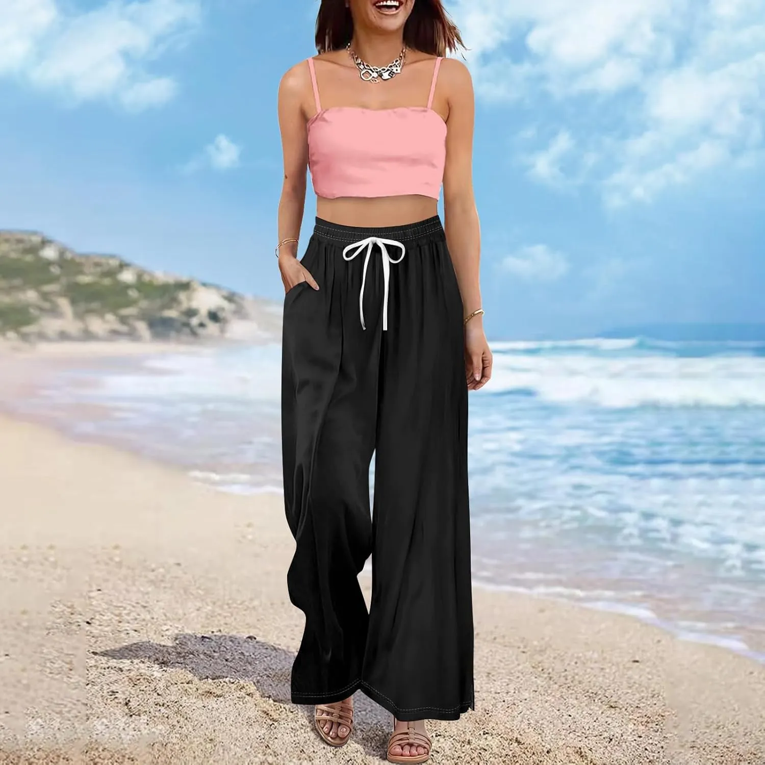 Women Casual Summer Boho Palazzo Pants High Waist Wide Leg Floral Beach Vacation Trousers with Pockets