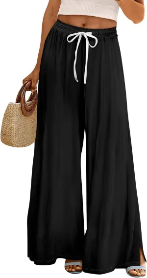 Women Casual Summer Boho Palazzo Pants High Waist Wide Leg Floral Beach Vacation Trousers with Pockets