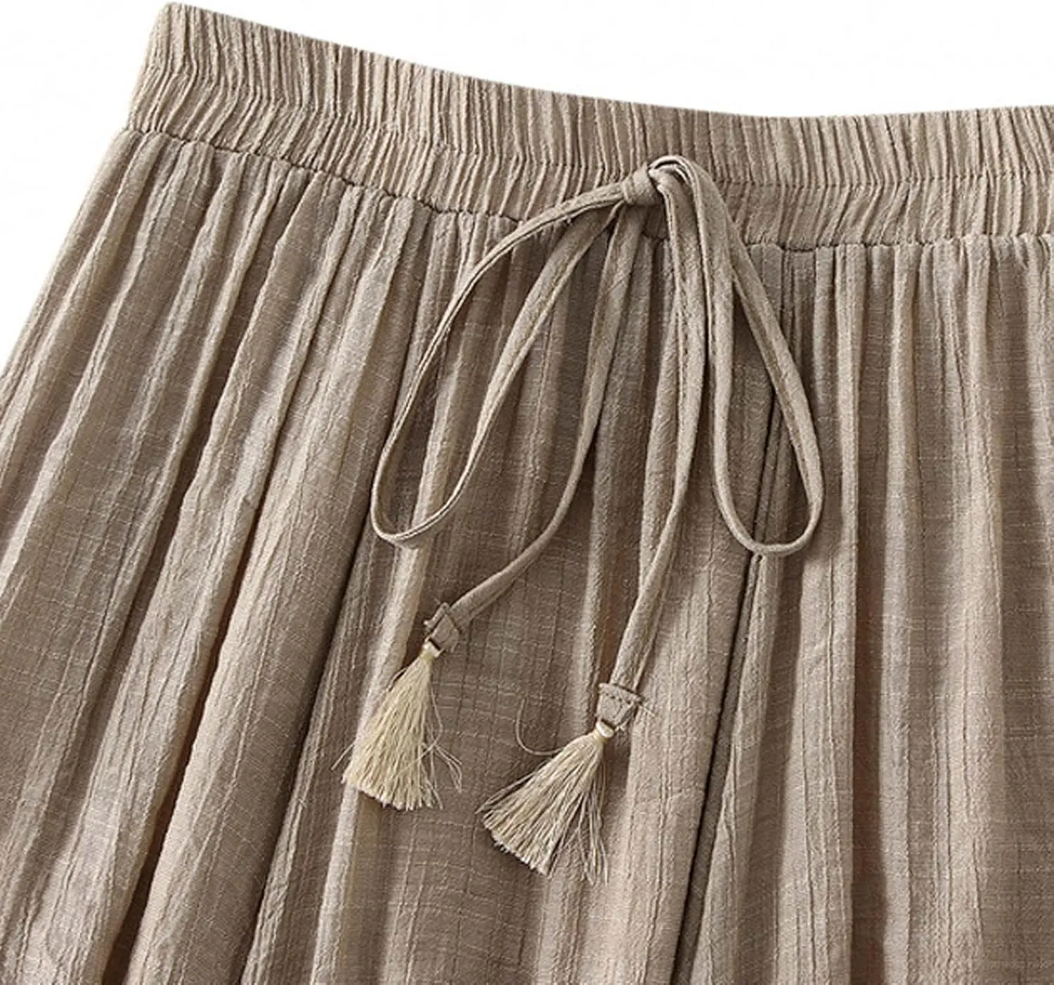 Women Cotton Linen Skirt Solid Elastic Waisted Pleated Long Skirt Summer Casual Flowy Beach Holiday Bohemian Skirts