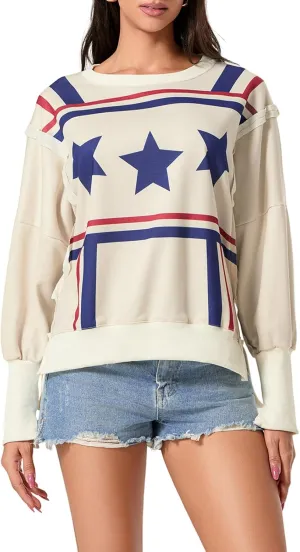 Women Cute Oversized Graphic Sweatshirt Y2k Crewneck Pullover Long Sleeve Sweater Vintage Star Striped Streetwear