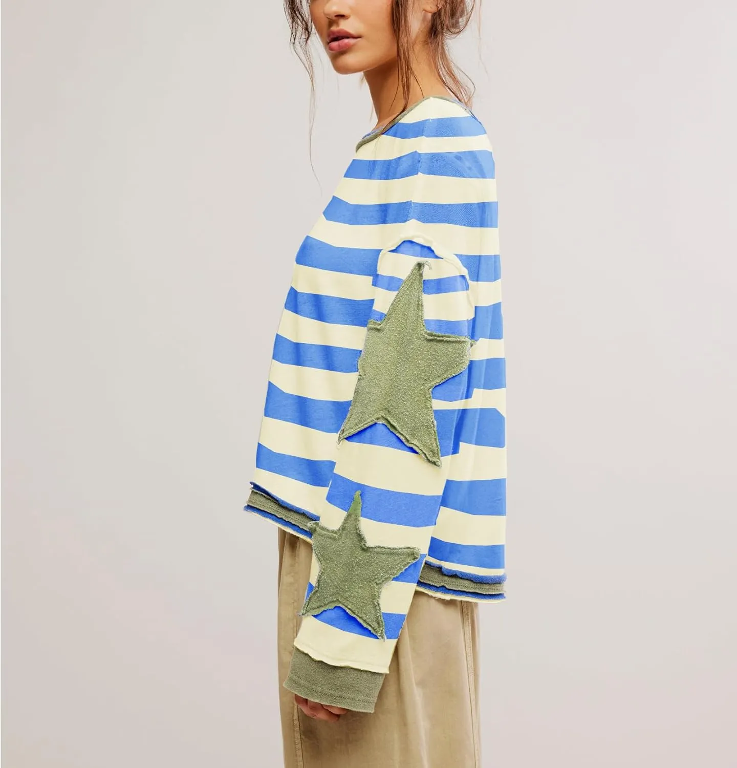 Women Cute Oversized Graphic Sweatshirt Y2k Crewneck Pullover Long Sleeve Sweater Vintage Star Striped Streetwear