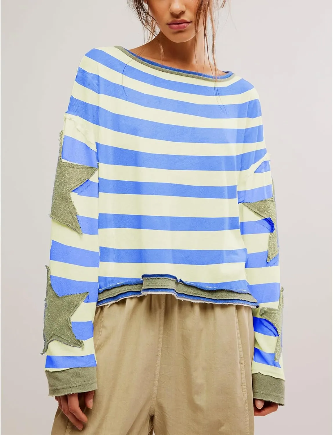 Women Cute Oversized Graphic Sweatshirt Y2k Crewneck Pullover Long Sleeve Sweater Vintage Star Striped Streetwear